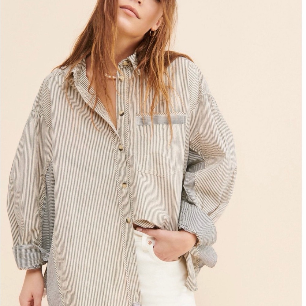 Free People Striped Button Down Shirt - Cream and Gray